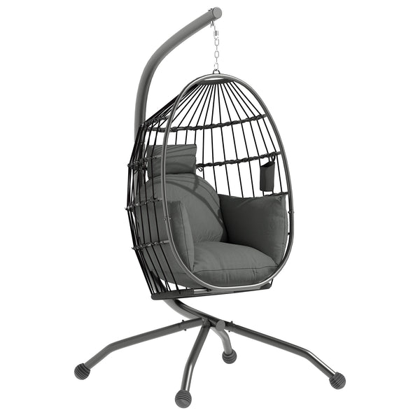 Fauteuil suspendu, fauteuil oeuf suspendu panier pliable, chaise hamac balançoire, avec coussin rembourré, oreiller, porte-gobelet, pour intérieur et extérieur, gris foncé