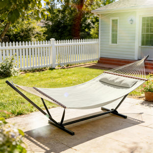 Hamac sur pied avec oreiller, hamac avec support acier, avec barres d'écartement, pour camping en plein air, plage, crème