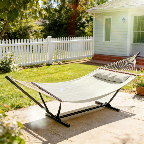 Hamac sur pied avec oreiller, hamac avec support acier, avec barres d'écartement, pour camping en plein air, plage, crème