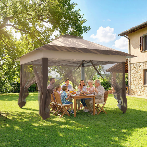 Tonnelle de jardin extérieur tonnelle pliante 3,6x3,6m avec double toit acier polyester moustiquaires + sac de transport à roulettes kaki marron