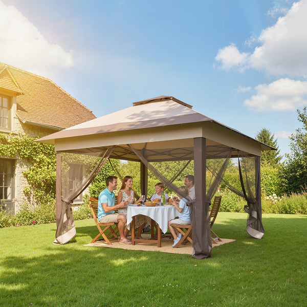Tonnelle de jardin extérieur tonnelle pliante 3,6x3,6m avec double toit acier polyester moustiquaires + sac de transport à roulettes kaki marron