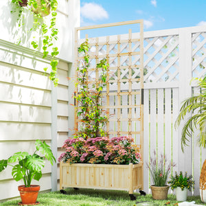 Jardinière avec treillis, bac à fleurs avec roues, lit surélevé, pour plantes grimpantes, légumes, fleurs, bois massif, intérieur et extérieur, cour jardin balcon, 82,5x35x186cm, bois naturel