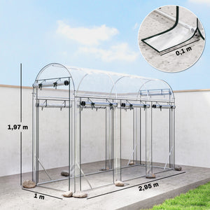 Serre tunnel de jardin 3 m², serre de jardin tunnel 295x100x197cm avec cadre en acier galvanisé, 8 portes roulantes, pour extérieur, toutes saisons, transparent
