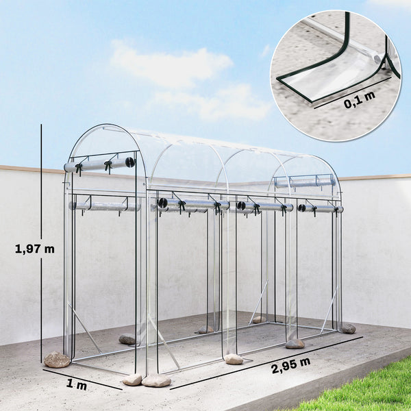 Serre tunnel de jardin 3 m², serre de jardin tunnel 295x100x197cm avec cadre en acier galvanisé, 8 portes roulantes, pour extérieur, toutes saisons, transparent
