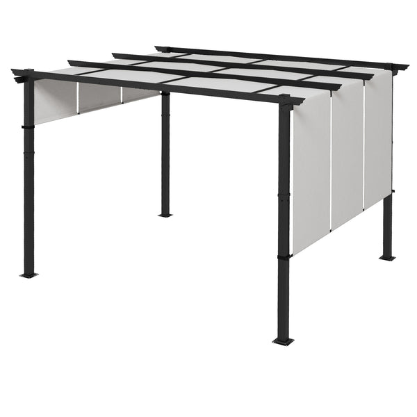 Pergola avec 3 toiles coulissantes 3,5 x 3 x 2,35 m structure acier noir toile polyester haute densité gris clair