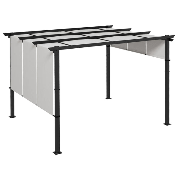 Pergola avec 3 toiles coulissantes 3,5 x 3 x 2,35 m structure acier noir toile polyester haute densité gris clair