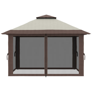 Tonnelle de jardin extérieur barnum de jardin pop-up tente pliant 4 x 4 m double toit protection UV 50+ 4 moustiquaires, 4 sacs de sable, 1 sac de transport tissu Oxford métal beige et marron