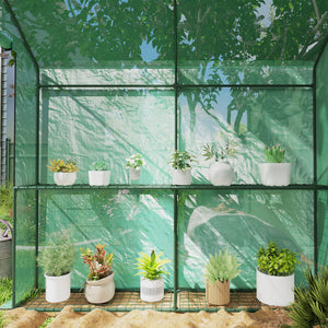 Serre de jardin PE avec étagère 2 niveaux, serre de balcon, bâche renforcée 140 g/m², châssis en acier, porte zippée enroulable, pour légumes plantes fleurs, 186 x 120 x 190 cm, vert