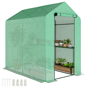 Serre de jardin PE avec étagère 2 niveaux, serre de balcon, bâche renforcée 140 g/m², châssis en acier, porte zippée enroulable, pour légumes plantes fleurs, 186 x 120 x 190 cm, vert