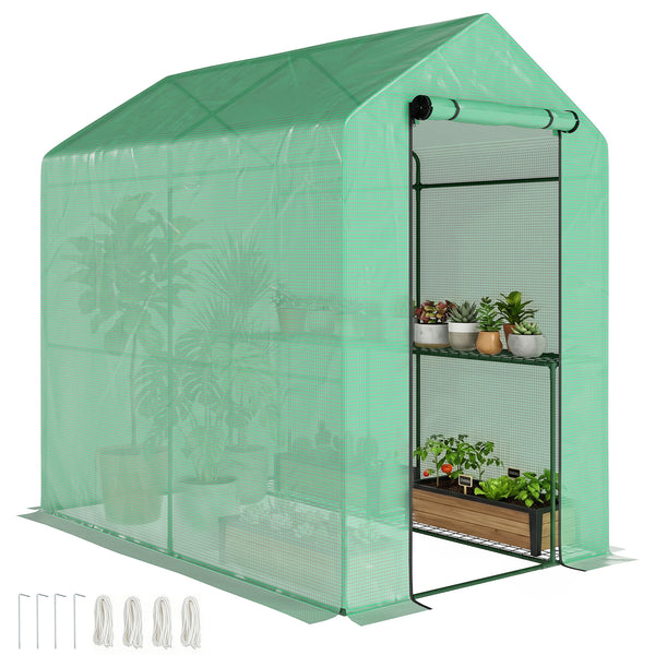 Serre de jardin PE avec étagère 2 niveaux, serre de balcon, bâche renforcée 140 g/m², châssis en acier, porte zippée enroulable, pour légumes plantes fleurs, 186 x 120 x 190 cm, vert