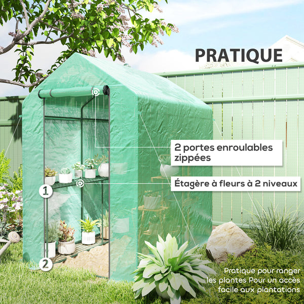 Serre de jardin PE avec étagère 2 niveaux, serre de balcon, bâche renforcée 140 g/m², châssis en acier, porte zippée enroulable, pour légumes plantes fleurs, 186 x 120 x 190 cm, vert