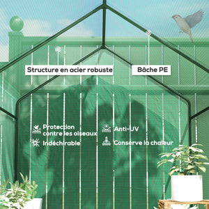 Serre de jardin PE avec étagère 2 niveaux, serre de balcon, bâche renforcée 140 g/m², châssis en acier, porte zippée enroulable, pour légumes plantes fleurs, 186 x 120 x 190 cm, vert