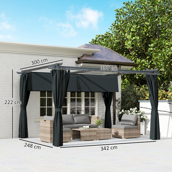 Pergola 4 x 3 m avec Auvent Rétractable et Rideaux, Tonnelle Extérieure UPF30+ pour Jardin, Patio, Terrasse, Gris foncé