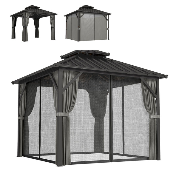 Pavillon 3 x 3 m avec Toit Rigide en Acier Galvanisé, Protection UPF50+, Cadre en Aluminium, Rideaux et Moustiquaire, Crochet de Plafond, Gris Foncé