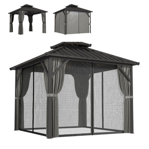 Pavillon 3 x 3 m avec Toit Rigide en Acier Galvanisé, Protection UPF50+, Cadre en Aluminium, Rideaux et Moustiquaire, Crochet de Plafond, Gris Foncé