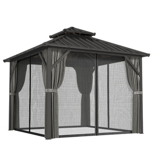Pavillon 3 x 3 m avec Toit Rigide en Acier Galvanisé, Protection UPF50+, Cadre en Aluminium, Rideaux et Moustiquaire, Crochet de Plafond, Gris Foncé