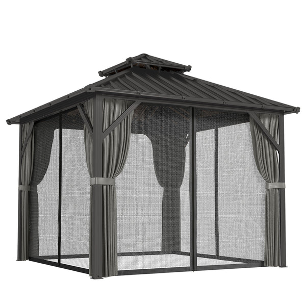 Pavillon 3 x 3 m avec Toit Rigide en Acier Galvanisé, Protection UPF50+, Cadre en Aluminium, Rideaux et Moustiquaire, Crochet de Plafond, Gris Foncé