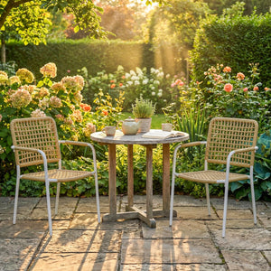 Lot de 2 Chaises de Jardin en Résine Tressée, Chaise de Salle à Manger Empilables avec Accoudoirs et Dossier, Fauteuil de Jardin Exterieur pour Balcon Terrasse Patio, Jaune