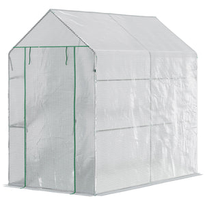Serre de jardin PE avec étagère 2 niveaux, serre de balcon, bâche renforcée 140 g/m², châssis en acier, porte zippée enroulable, pour légumes plantes fleurs, 186 x 120 x 190 cm, blanc