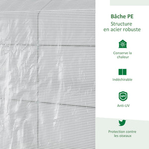 Serre de jardin PE avec étagère 2 niveaux, serre de balcon, bâche renforcée 140 g/m², châssis en acier, porte zippée enroulable, pour légumes plantes fleurs, 186 x 120 x 190 cm, blanc