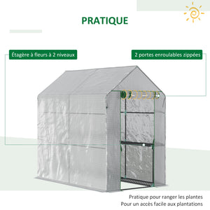 Serre de jardin PE avec étagère 2 niveaux, serre de balcon, bâche renforcée 140 g/m², châssis en acier, porte zippée enroulable, pour légumes plantes fleurs, 186 x 120 x 190 cm, blanc