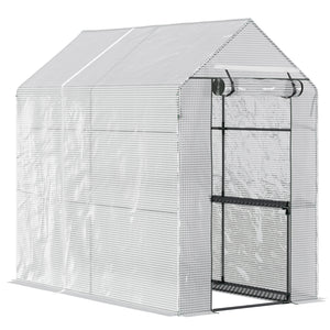 Serre de jardin PE avec étagère 2 niveaux, serre de balcon, bâche renforcée 140 g/m², châssis en acier, porte zippée enroulable, pour légumes plantes fleurs, 186 x 120 x 190 cm, blanc