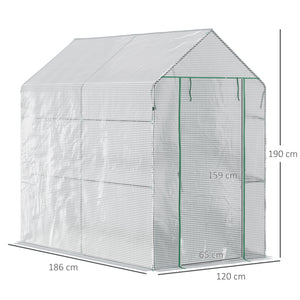 Serre de jardin PE avec étagère 2 niveaux, serre de balcon, bâche renforcée 140 g/m², châssis en acier, porte zippée enroulable, pour légumes plantes fleurs, 186 x 120 x 190 cm, blanc