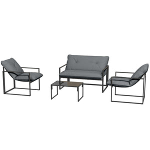 Salon de jardin extérieur 4 pièces avec coussins ultra-épais 15cm - ensemble mobilier de jardin et salon bas pour terrasse - canapé 2 places avec table basse et 2 fauteuils, cadre acier noir