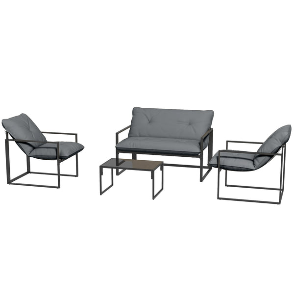 Salon de jardin extérieur 4 pièces avec coussins ultra-épais 15cm - ensemble mobilier de jardin et salon bas pour terrasse - canapé 2 places avec table basse et 2 fauteuils, cadre acier noir