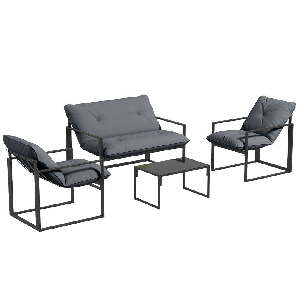 Salon de jardin extérieur 4 pièces avec coussins ultra-épais 15cm - ensemble mobilier de jardin et salon bas pour terrasse - canapé 2 places avec table basse et 2 fauteuils, cadre acier noir