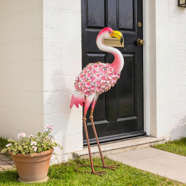 Statue de Jardin Flamant Rose, Sculpture d'Oiseau en Métal avec Plumes Florales, Décoration Extérieure avec Piquets de Fixation pour Jardin, Terrasse ou Paysage, Rouge