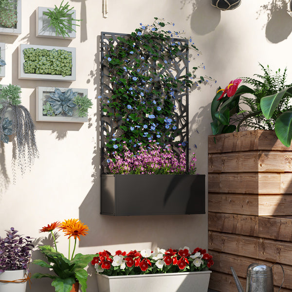 Jardinière avec treillis à motif arbres, bac à fleurs, lit surélevé, pour plantes grimpantes, légumes, fleurs, en métal, intérieur et extérieur, cour, jardin, balcon, 61 x 23 x 113 cm, noir