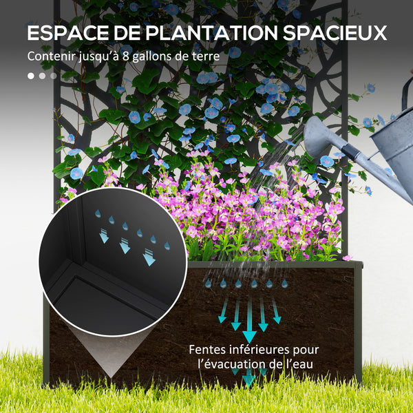 Jardinière avec treillis à motif arbres, bac à fleurs, lit surélevé, pour plantes grimpantes, légumes, fleurs, en métal, intérieur et extérieur, cour, jardin, balcon, 61 x 23 x 113 cm, noir