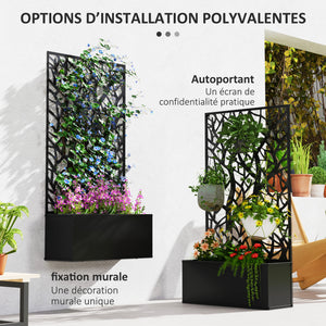 Jardinière avec treillis à motif arbres, bac à fleurs, lit surélevé, pour plantes grimpantes, légumes, fleurs, en métal, intérieur et extérieur, cour, jardin, balcon, 61 x 23 x 113 cm, noir