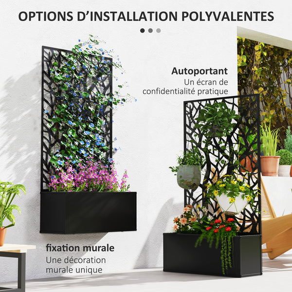 Jardinière avec treillis à motif arbres, bac à fleurs, lit surélevé, pour plantes grimpantes, légumes, fleurs, en métal, intérieur et extérieur, cour, jardin, balcon, 61 x 23 x 113 cm, noir