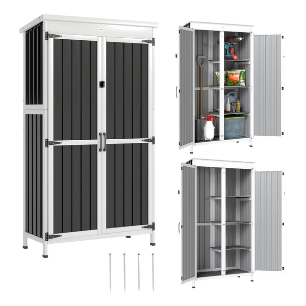 Armoire de Jardin en Bois et Acier Galvanisé, 3 Étagères Amovibles, Portes Doubles avec Fermeture Métallique, Toit en Asphalte Hydrofuge, Base Surélevée, Armoire à Outils pour Jardin, Noir