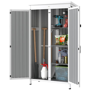 Armoire de Jardin en Bois et Acier Galvanisé, 3 Étagères Amovibles, Portes Doubles avec Fermeture Métallique, Toit en Asphalte Hydrofuge, Base Surélevée, Armoire à Outils pour Jardin, Noir