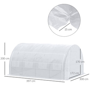 Serre de jardin 12 m² dim. 4L x 3l x 2H m avec porte + parois latérales zippées enroulables, 8 fenêtres, acier PE haute densité 140 g/m² Anti-UV blanc