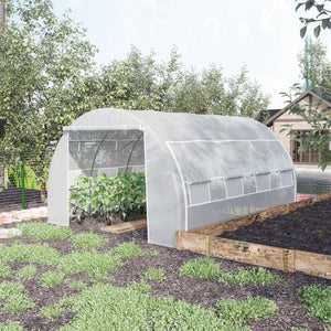 Serre de jardin 12 m² dim. 4L x 3l x 2H m avec porte + parois latérales zippées enroulables, 8 fenêtres, acier PE haute densité 140 g/m² Anti-UV blanc