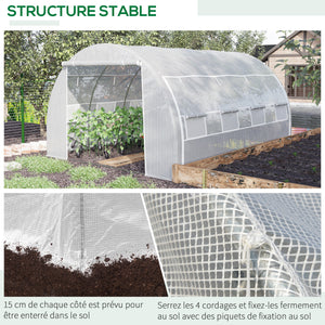 Serre de jardin 12 m² dim. 4L x 3l x 2H m avec porte + parois latérales zippées enroulables, 8 fenêtres, acier PE haute densité 140 g/m² Anti-UV blanc