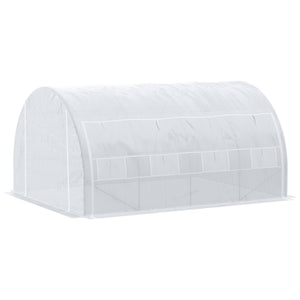 Serre de jardin 12 m² dim. 4L x 3l x 2H m avec porte + parois latérales zippées enroulables, 8 fenêtres, acier PE haute densité 140 g/m² Anti-UV blanc