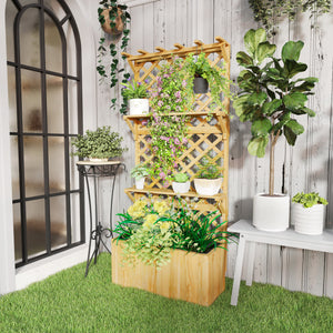 Jardinière avec treillis lit surélevé de jardin potager sur pied en bois avec étagères, trous de drainage et doublure, bac à fleurs pot de plantes pour balcon terrasse patio, naturel