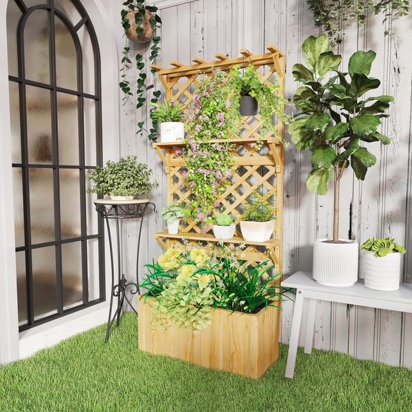 Jardinière avec treillis lit surélevé de jardin potager sur pied en bois avec étagères, trous de drainage et doublure, bac à fleurs pot de plantes pour balcon terrasse patio, naturel