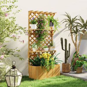 Jardinière avec treillis lit surélevé de jardin potager sur pied en bois avec étagères, trous de drainage et doublure, bac à fleurs pot de plantes pour balcon terrasse patio, naturel