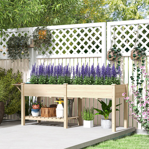 Jardinière sur pieds, carré potager de jardin sur pieds, 2 bacs avec séparateur, tablette pliable et étagère inférieure, potager surélevé en bois pour fleurs, 207 x 59 x 78 cm, bois naturel