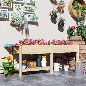 Jardinière sur pieds, carré potager de jardin sur pieds, 2 bacs avec séparateur, tablette pliable et étagère inférieure, potager surélevé en bois pour fleurs, 207 x 59 x 78 cm, bois naturel