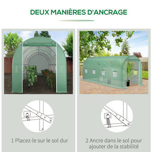 Serre de Jardin Tunnel Surface Sol 10 m² 5L x 2l x 2,05H m châssis Tubulaire renforcé Porte zippée 8 fenêtres enroulables Vert