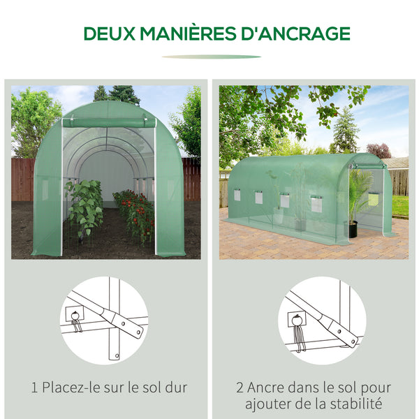 Serre de Jardin Tunnel Surface Sol 10 m² 5L x 2l x 2,05H m châssis Tubulaire renforcé Porte zippée 8 fenêtres enroulables Vert