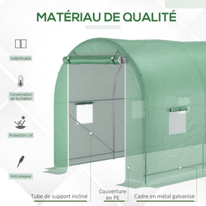 Serre de Jardin Tunnel Surface Sol 10 m² 5L x 2l x 2,05H m châssis Tubulaire renforcé Porte zippée 8 fenêtres enroulables Vert