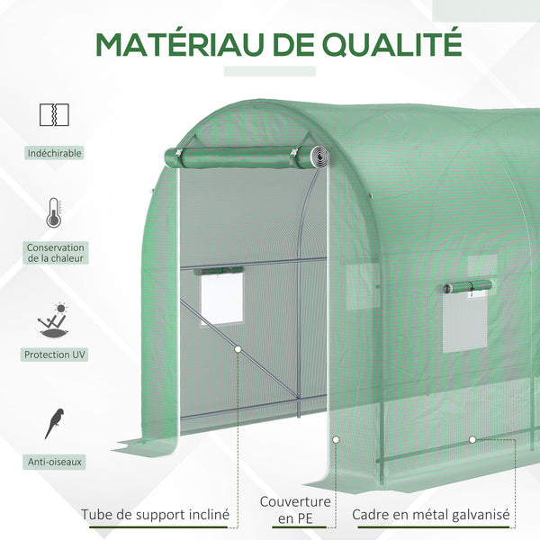Serre de Jardin Tunnel Surface Sol 10 m² 5L x 2l x 2,05H m châssis Tubulaire renforcé Porte zippée 8 fenêtres enroulables Vert